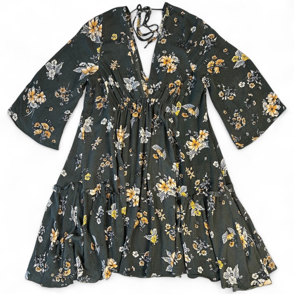 Millibon Floral Boho Dress Small Tiered Bell Sleeve V Neck Flowing Fit